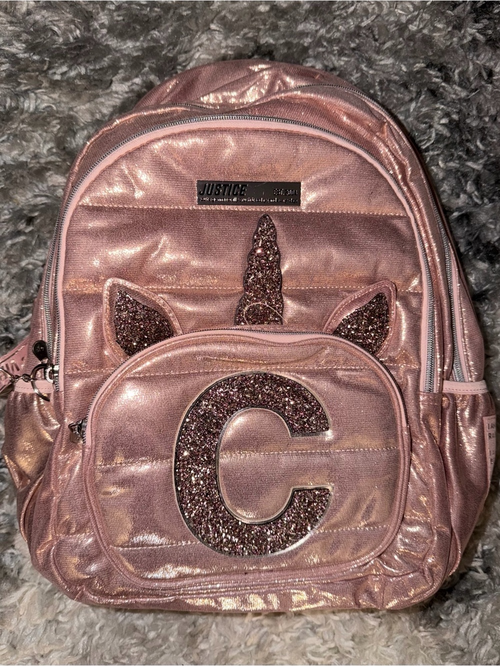 Justice Pink Metallic Unicorn Backpack with Glitter 'C'